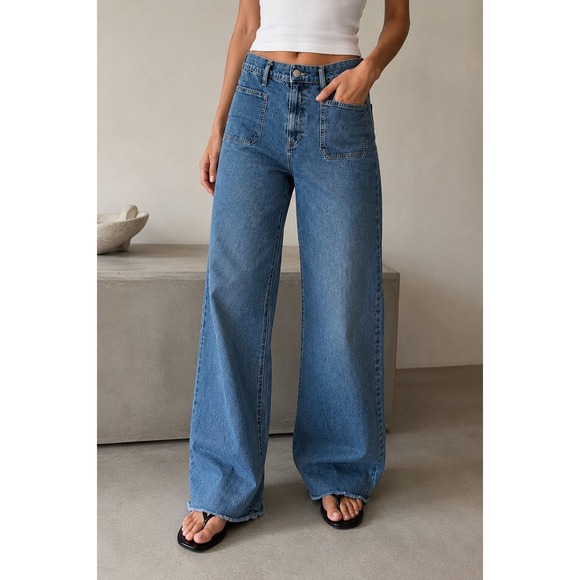 J. Crew Denim - J.Crew Full Length Wide-Leg Jeans Medium Wash Raw Hem 32 High‎ Rise Patch Pocket